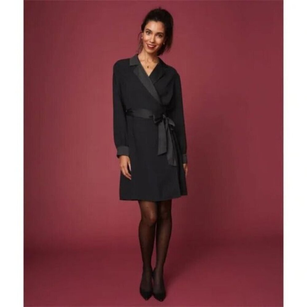 UnTuckIt Satin Black Wrap Agnes Dress Business Career Corporate Modern Large NWT - Picture 2 of 16